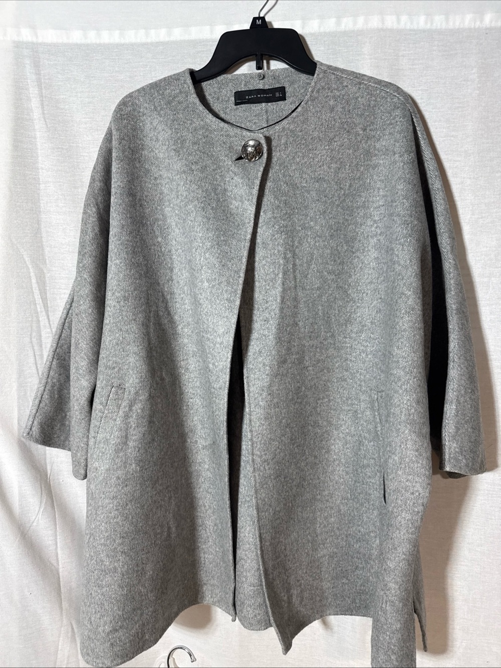 Zara Gray Collarless Wool-Blend Swing Cape Size Large